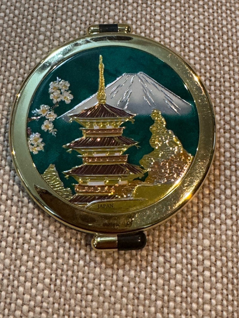 Source Unknown Gold-tone Japanese Pagoda Compact Mirror with Green Enamel